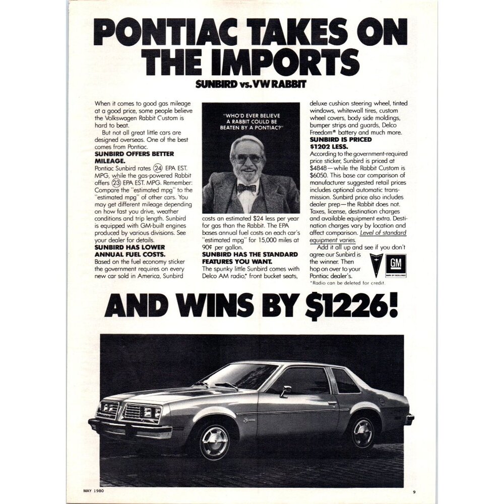 1980 Pontiac Sunbird 2 Door Coupe Vintage Print Ad 80s Compact Car Wall Art